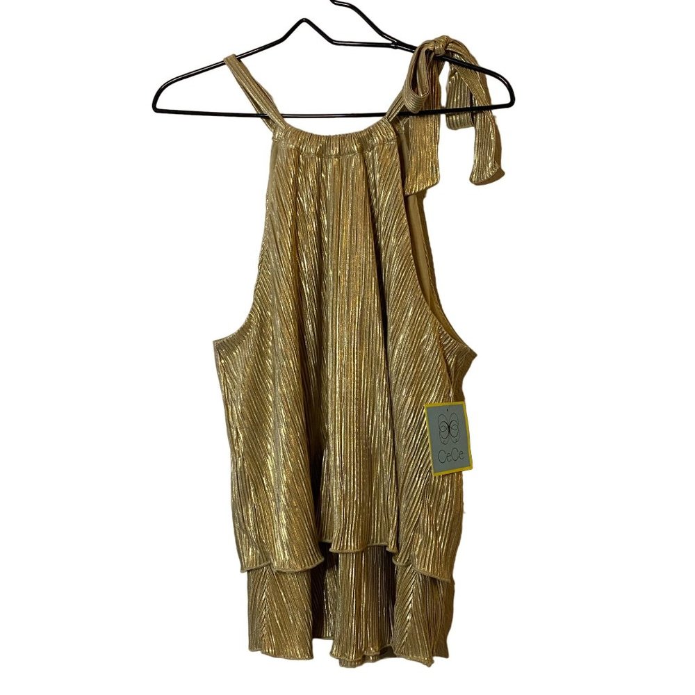 New Cece Metallic Gold layered‎ tank top with tie neck Sz L